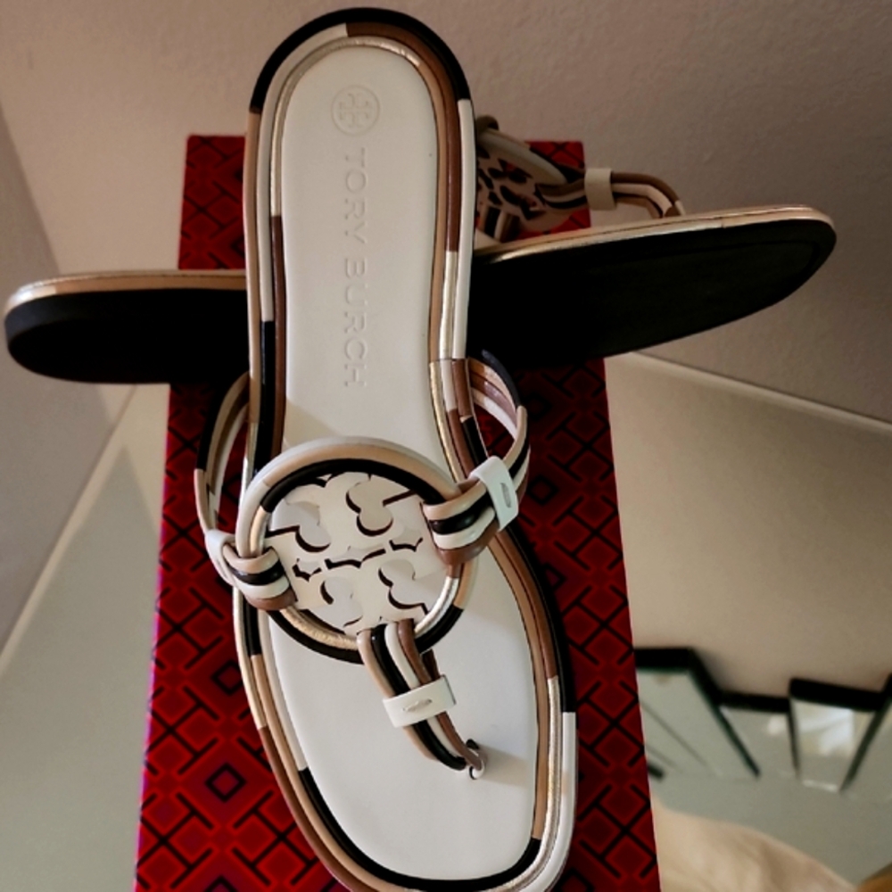 Tory Burch White and Tan Sandals with Metallic Accent